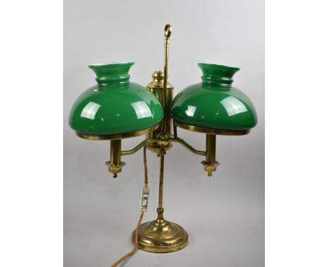 A Reproduction Brass Rise and Fall Twin Branch Table Lamp with Opaque Green Glass Shades, 55cms High