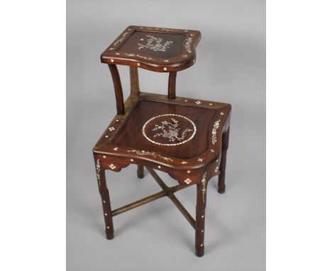 A Chinese Hardwood Mother of Pearl Inlaid Two Tier Corner Table/Stand with X Frame Stretcher 