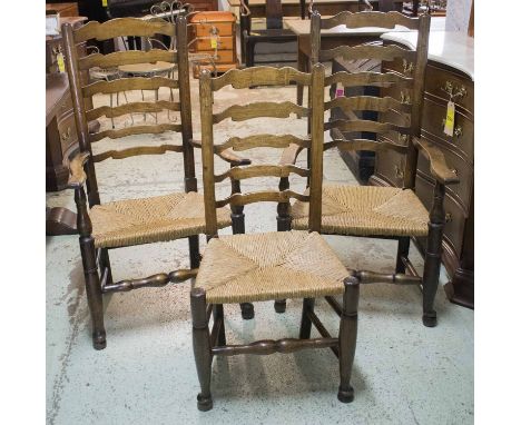 DINING CHAIRS, a harlequin set of ten, 19th century ash including two armchairs with ladder backs and rush seats. (10)