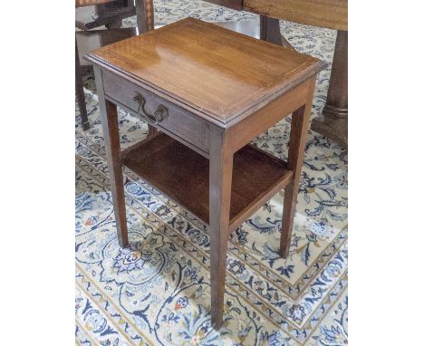 BEDSIDE/LAMP TABLES, a pair, George III design mahogany and satinwood crossbanded each with frieze drawer, 63cm H x 40cm x 34