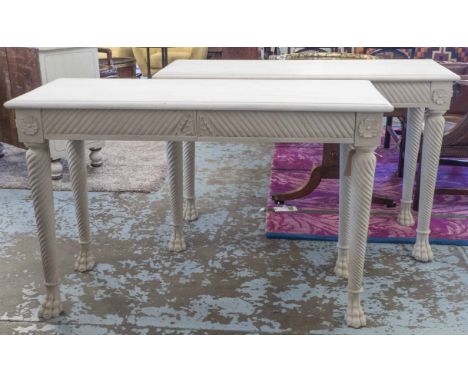 CONSOLE TABLES, a pair, Regency style grey painted each with two frieze drawers and spiral carved supports with paws feet, 14