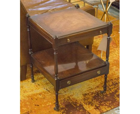 BEDSIDE/LAMP TABLES, a pair, George III design flame mahogany each with two tiers and a drawer, 45cm x 45cm x 60cm H. (2)