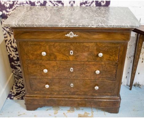 HALL COMMODE, 19th century, French Louis Philippe figured walnut and silver metal mounted with four long drawers and marble t