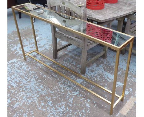 CONSOLE TABLE, gilt metal framed with a rectangular mirrored top, 152cm L x 79cm H x 26cm D. 