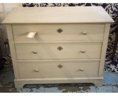 COMMODE, 19th century French traditionally grey painted and silver metal mounted with three long drawers, 107cm x 50cm x 84cm