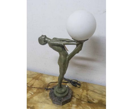 TABLE LAMP, French Art Deco bronze, glass and marble of figural design, 70cm H.