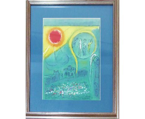 MARC CHAGALL 'Sun, figures and flowers', lithograph in colours, 40cm x 30cm, framed and glazed.