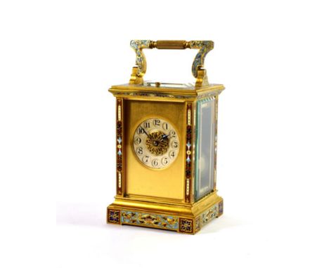 A Gilt Brass Champleve Enamel Striking and Repeating Carriage Clock, circa 1890, multi-coloured champleve enamel borders, car