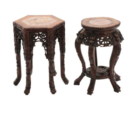 A Chinese Padouk Wood and Pink Marble Plant Stand, circa 1900, of hexagonal shaped form, the legs in the form of carved bambo