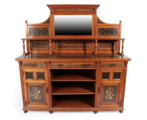 A Gillow and Co Walnut and Marble Wood Sideboard, circa 1880, the mirror back with blind fret carved panels flanking a bevell