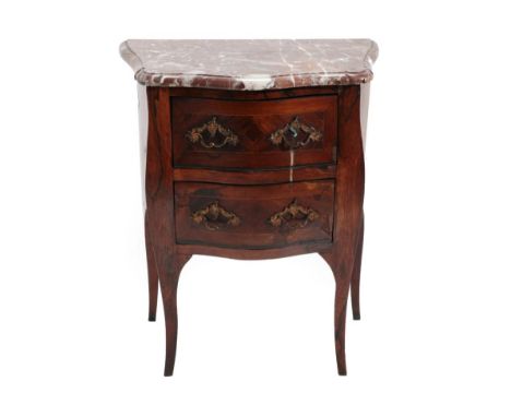 A Louis XV Style Rosewood Two Drawer Petite Commode, late 19th century, with a pink veined marble top above two deep drawers 