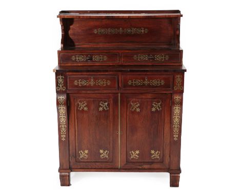 A Regency Rosewood and Brass Inlaid Side Cabinet, early 19th century, the superstructure with a narrow shelf and three-quarte