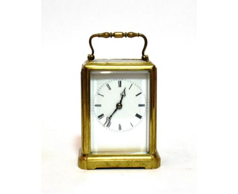 A Brass Carriage Timepiece, circa 1860, carrying handle, enamel dial with Roman numerals, single barrel movement with a platf