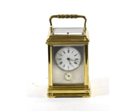 A Brass Grande Sonnerie Alarm Carriage Clock, circa 1890, carrying handle and repeat button, underside of the base with sonne
