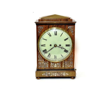 A Regency Rosewood and Mother of Pearl Inlaid Striking Table Clock, signed John Todd, Glasgow, stepped pediment, pierced side