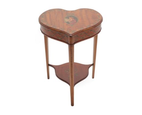 A Satinwood and Polychrome Painted Heart-Shaped Occasional Table, circa 1900, the top decorated with an oval portrait of a la