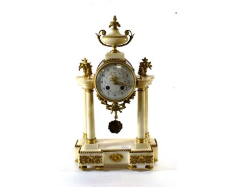 A Marble Portico Gilt Metal Mounted Striking Mantel Clock, circa 1890, urn finial, portico case with floral and scroll decora