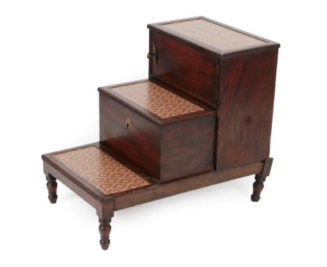 A Set of Mid 19th Century Mahogany Bedside Commode Library Steps, each tread covered in geometric paper with moulded edge, th