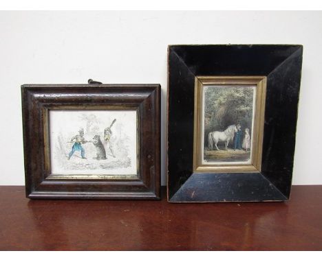 Two 19th Century etchings children with pony and bear hunting, 11cm x 7cm and 9cm x 12cm 