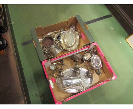Two boxes of silver plate including candelabra, cutlery etc.