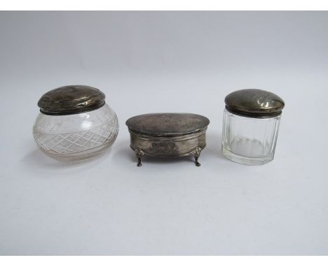 A silver ring box and two silver topped dressing table pots a/f