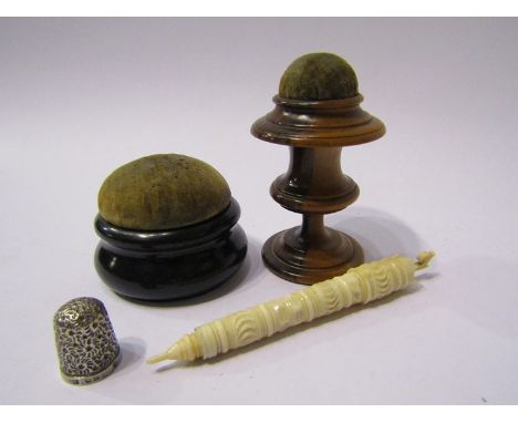 Two Victorian pin cushions, ivory needle case and silver thimble 