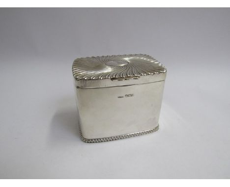 A James Dixon and Sons Edwardian silver tea caddy, the Wrythen form top with central bird cartouche, round cornered body to a