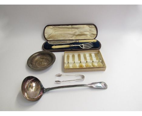 A plated ladle, serving knife and fork, Horn spoons and dish