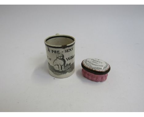 A 19th Century patch pot 'A present from Northampton' and a miniature tankard inscribed 'A present for William' (2) a/f