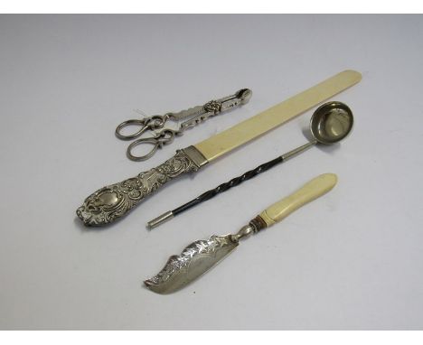 A silver handled page turner, toddy ladle, sugar scissors and butter knife (4)