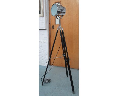 SPOTLIGHT, in chromed metal on extendable wooden tripod support, 150cm H. 