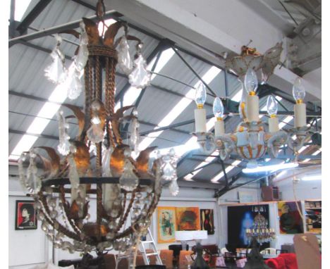 HANGING LIGHTS, one Classical style with faceted drops, approximately 60cm H, and another white and gold painted, five branch