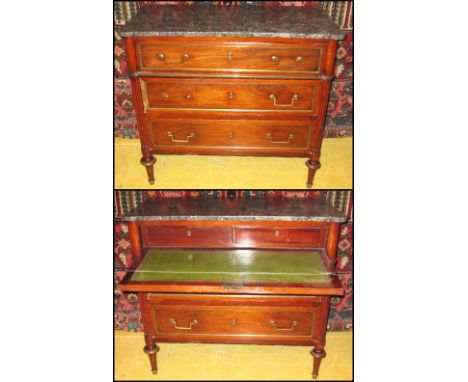 SECRETAIRE COMMODE, Directoire mahogany and brass mounted with grey marble top above a fitted drawers and two further drawers