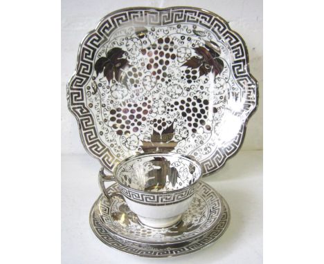 GRAY'S POTTERY PART TEA SERVICE, silver lustre fruiting vine decoration, comprising five cups, four saucers, six side plates 