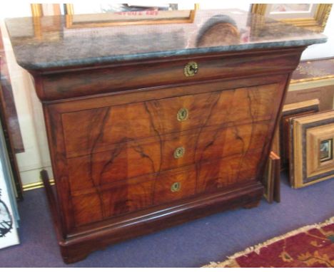 COMMODE, Louis Philippe, walnut veneered, grey marble top and brass escutheons, ink stamped name under marble top, 118cm W x 