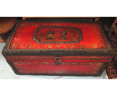 CHINESE EXPORT TRUNK, early 19th century Chinese export camphorwood scarlet leather and brass bound with painted scenes and c