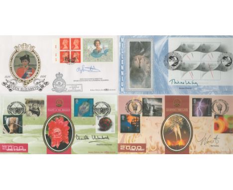 Signed First Day cover collection of 4 Benham official silk FDCs. Autographed by Wg Cdr Barrett, QE11 Birthday, Richard White