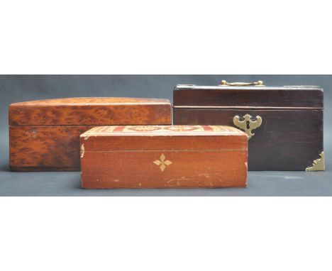 Two 19th century Victorian wooden boxes. A 19th century Victorian tea caddy box of a rectangular form with brass swing handle