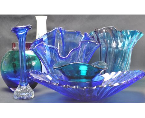 A large collection of vintage retro mid 20th century circa 1970’s studio art glass vases to include two large blue washes wit