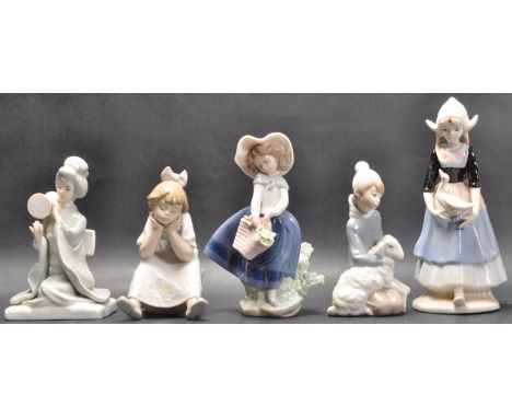 A collection of five Spanish ceramic figurines by Lladro and Nao. The collection comprising of Girl vita duck, girl thinking,