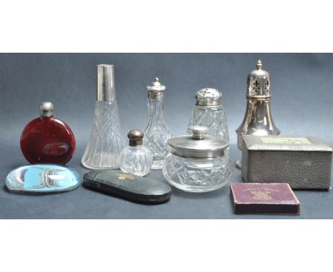 Collection of vintage retro 20th century dressing table items to include cut glass and silver hallmarked powder pot, perfume 