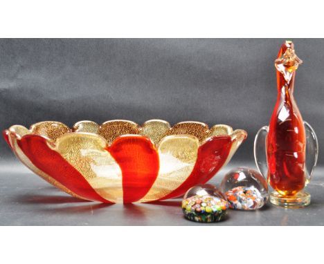 A large 1970’s studio art glass central piece bowl of an oval form with scalloped edges with a red and gold colour scheme alo