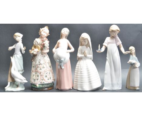 A collection of six Spanish ceramic porcelain figurines. The collection comprising of Girl With Duck 1052 by Lladro,&nbsp;Dre