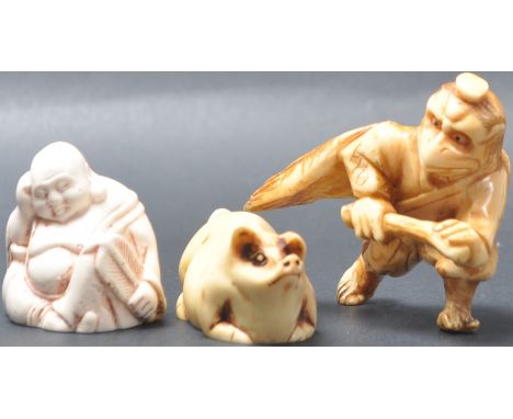 A group of three mid 20th century Chinese oriental&nbsp;netsuke figurines. The collection comprising of a bone carved figurin