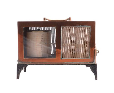 Copper and brass cased barograph, hinged cover with mesh panelling, width 30cm, depth 14cm, height 21cm.