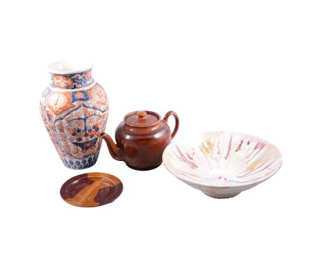 Four boxes of decorative ceramics including Imari vase 32cm, Hornsea 'Saffron' kitchen caddies/ storage jars, studio pottery 