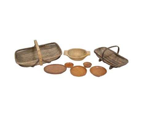 Two trug baskets, 66cm and 54cm; and  a collection of turned wood bowls.
