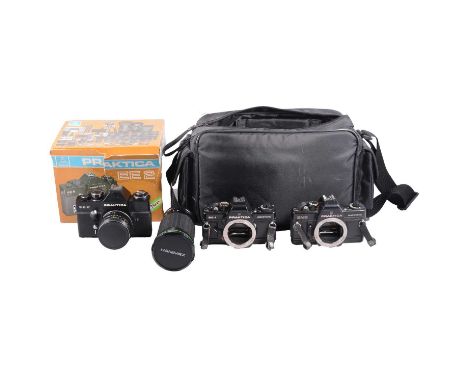 Three Praktica SLRs, including a BMS electronic, BC1 electronic and an EE 2. With a Pentacon e;ectric 1.8/50 lens, Penatcon P