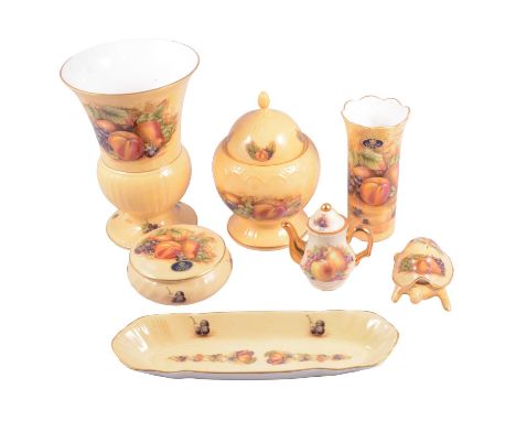 Two boxes of Aynsley 'Orchard Gold' decorative ceramics, including table lamp, desk clock, mantel clock, vases, bowls, boxes,