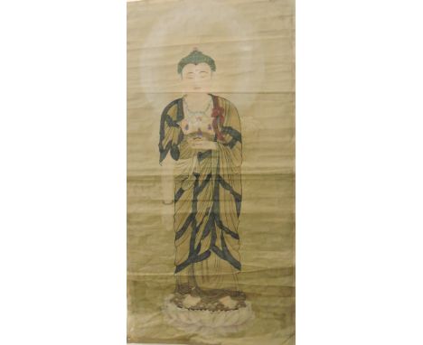 A Chinese paper scroll, finely painted with Buddha standing upon lotus leaves, 98 x 50cm.